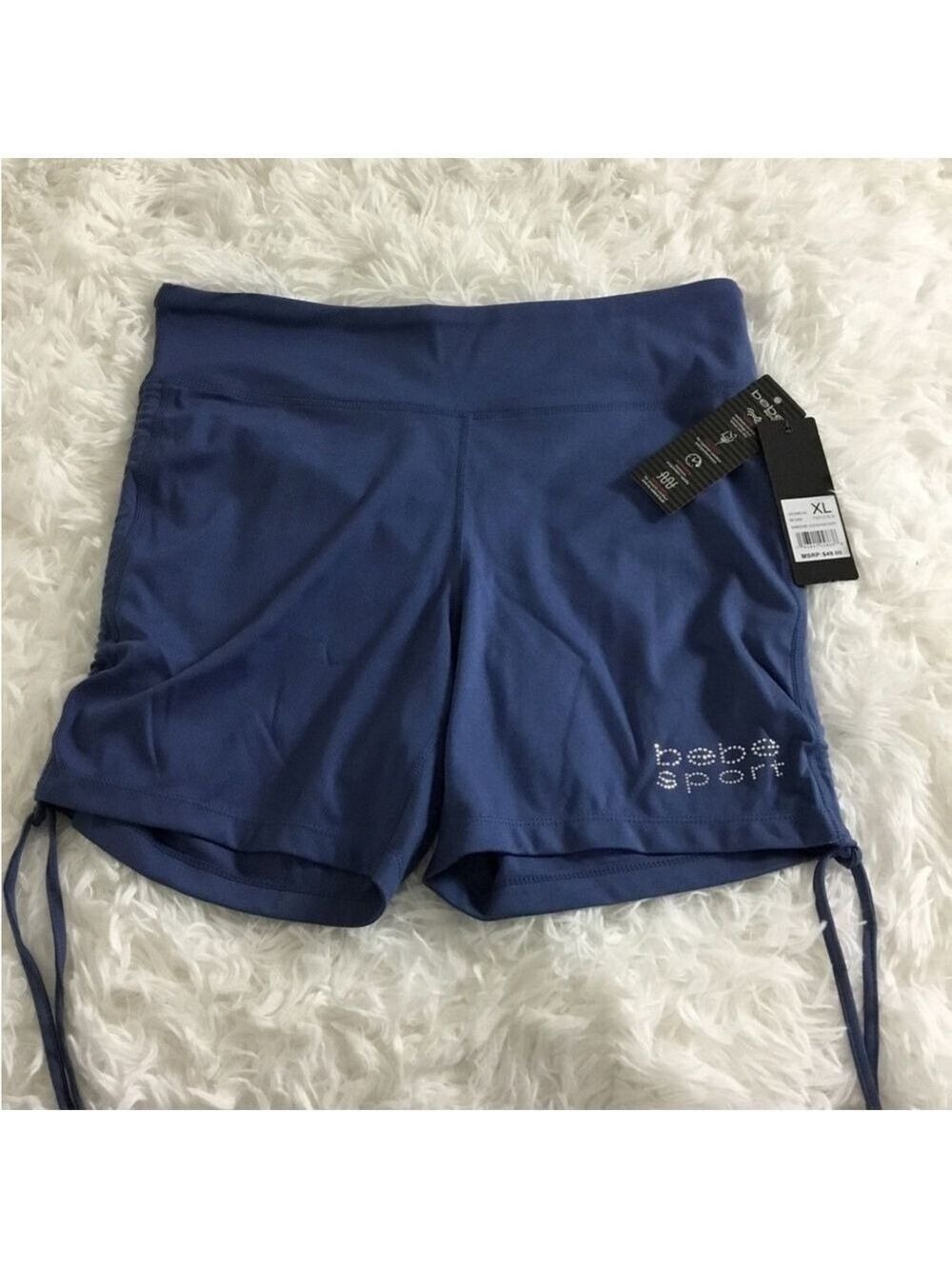 Bebe Sport thistle blue rhinestone logo ruched side bike short XL